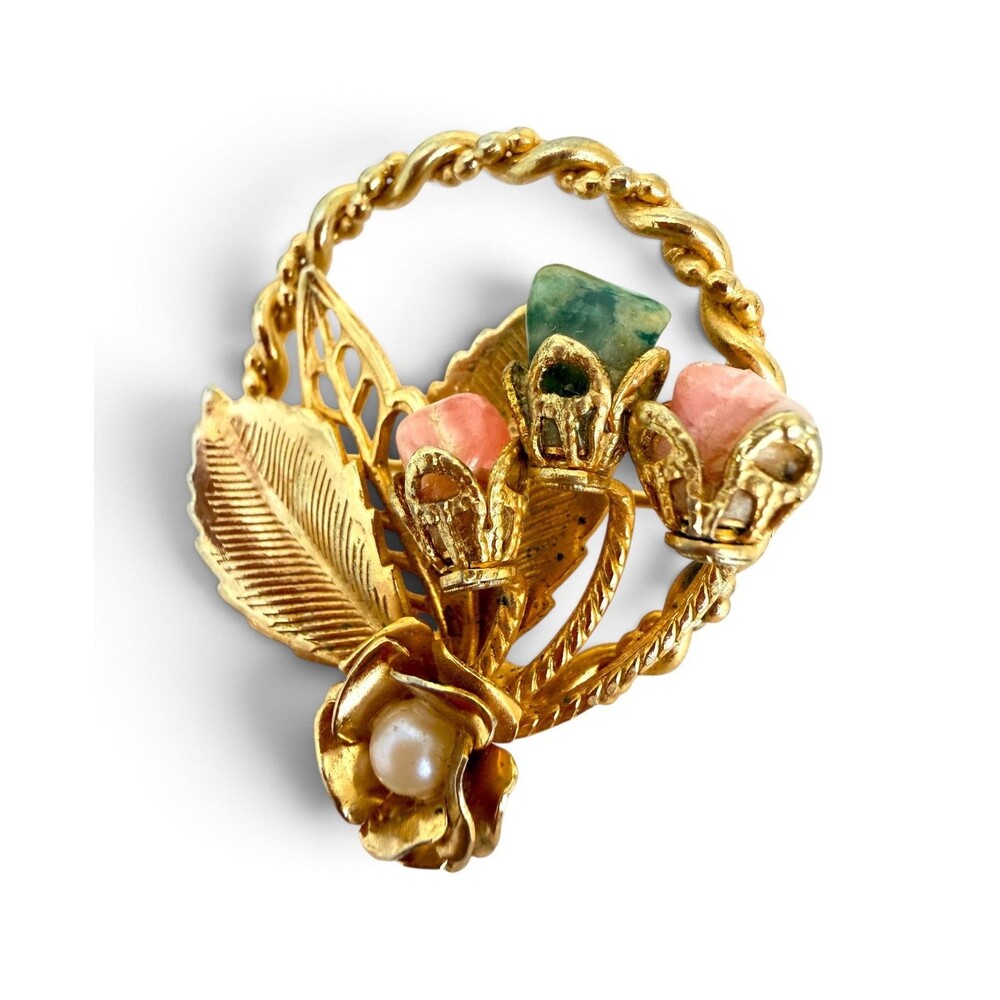 Vintage 1960s Gold Tone Flower Basket Brooch Pin Faux Pearl Raw Stone Nugs Desc